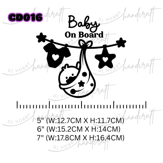 Baby on board sign with clothes and baby bag illustration, featuring dimensions.