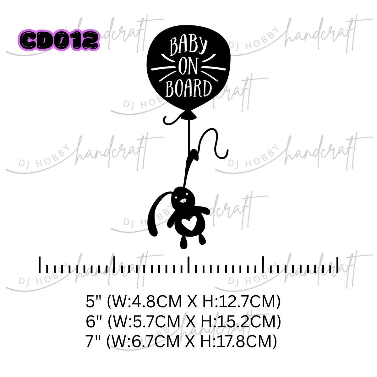 Black silhouette of a bunny with a 'Baby on Board' balloon and measurement details on a white background.